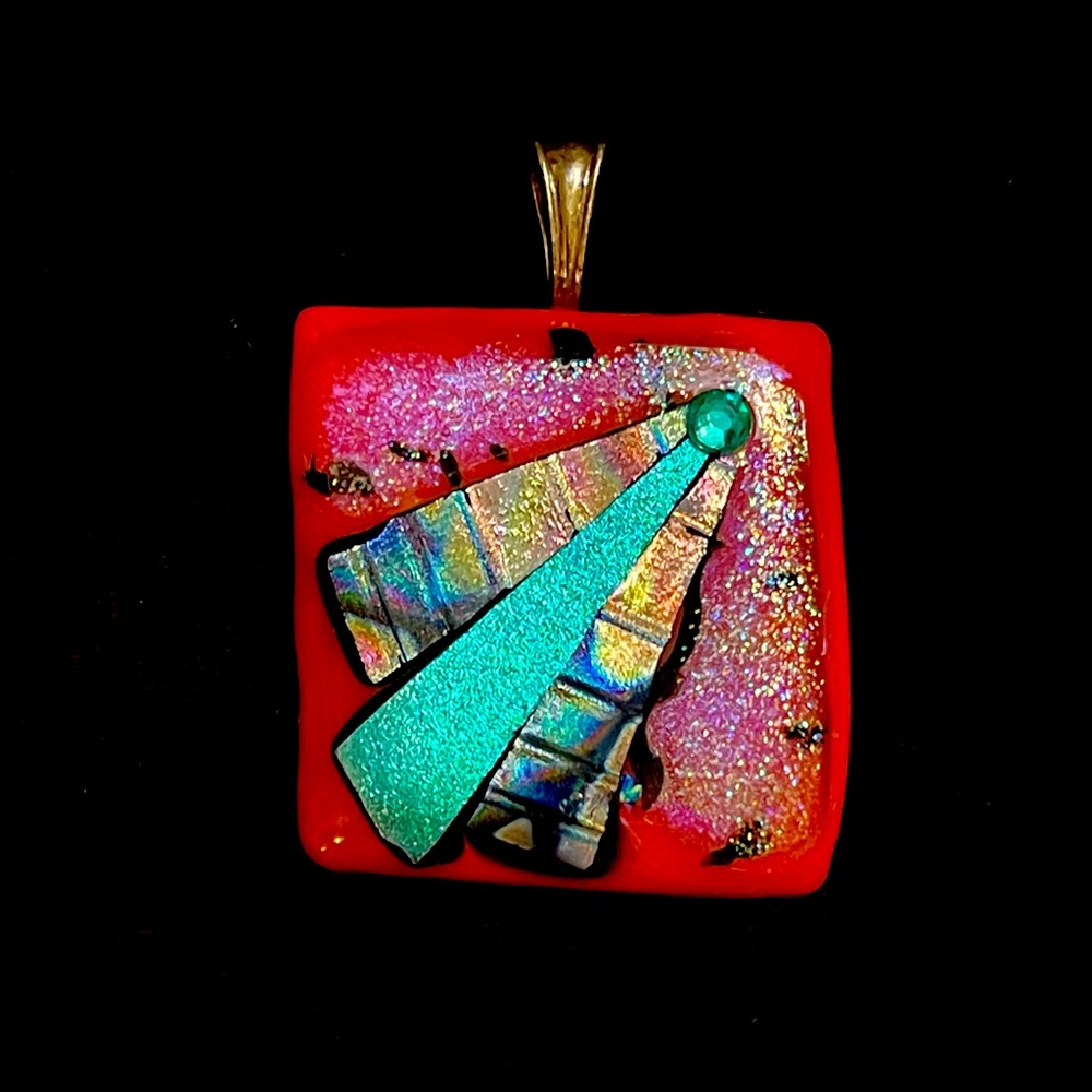 Handmade pendant. Faux sea glass. Orange, aqua. 2”x2”. Chain not included.